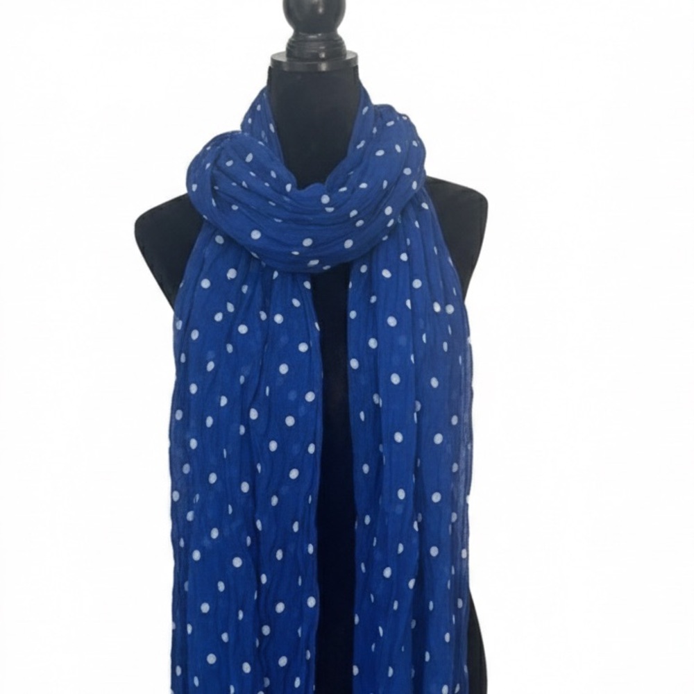 Blue Polka Dot Scarf 70x38” White Bobble Trim Cotton Blend